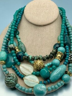 Fabulous Chicos Chunky Multi Strand Statement Necklace Shades of Blue